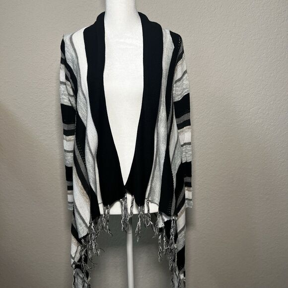 Unbranded Black & White Open Front Cascading Fringe Cardigan - One Size - Picture 1 of 10